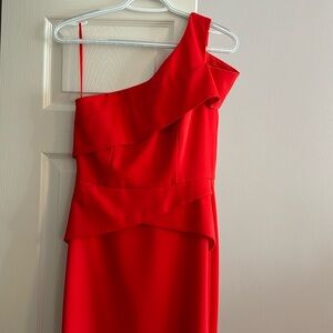 BCBG Maxazria red one shoulder gown